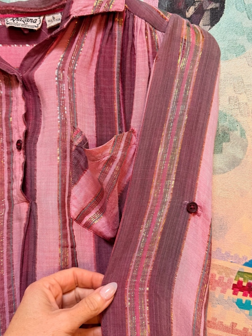 Vintage Indian Cotton Gauze Blouse Pink Metallic Stripes Size small - Picture 5 of 14